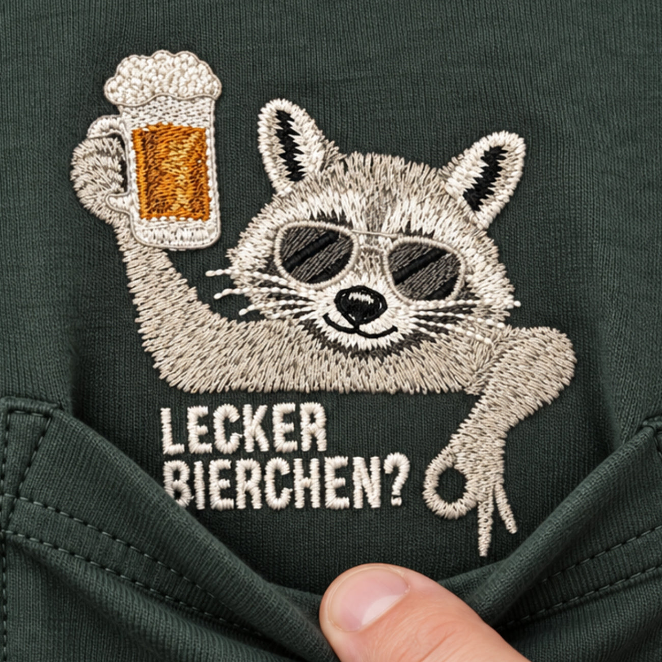 Holzbrüder Pocket Shirt, gestickter Waschbär mit Bier in der Brusttasche, Lecker Bierchen